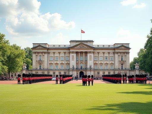 Buckingham Palace with guards performing ceremony.