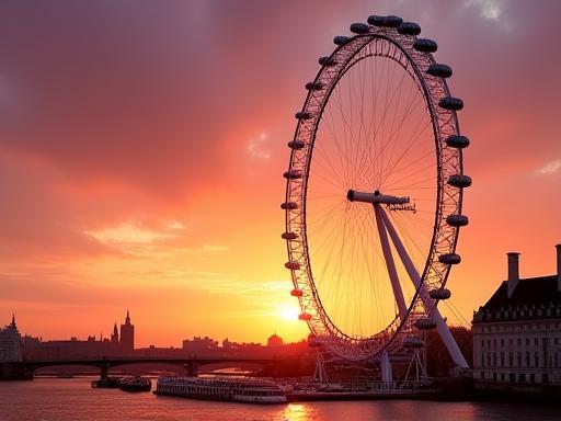 The London Eye against a sunset sky.