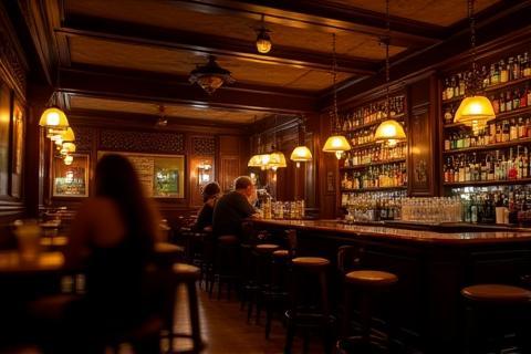 Interior photo of a historic London pub with wooden beams and patrons.