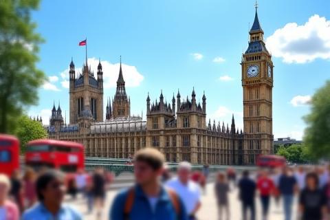 Photo of Big Ben and Houses of Parliament on a sunny day with people walking.